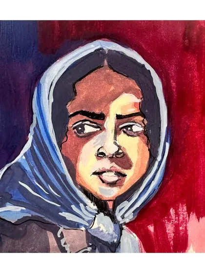 A gouache study of a woman in a headscarf. The strong contrast between the deep red background and the cool blue of the scarf creates a powerful and emotive portrait.