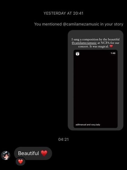 It was magical to perform a composition by the brilliant Camila Meza and then get this beautiful message from her. It was my first time performing in Spanish and a huge learning experience.