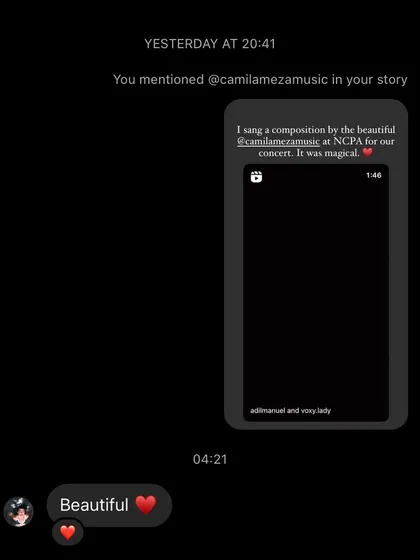 It was magical to perform a composition by the brilliant Camila Meza and then get this beautiful message from her. It was my first time performing in Spanish and a huge learning experience.