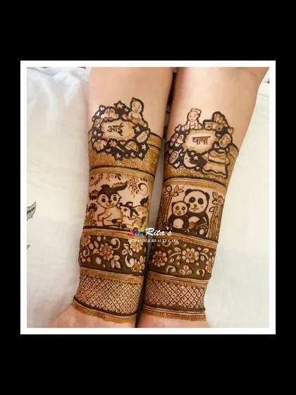 A close-up of the arm designs, showing a cute panda family and a deer with its fawn, symbolizing the growing family.