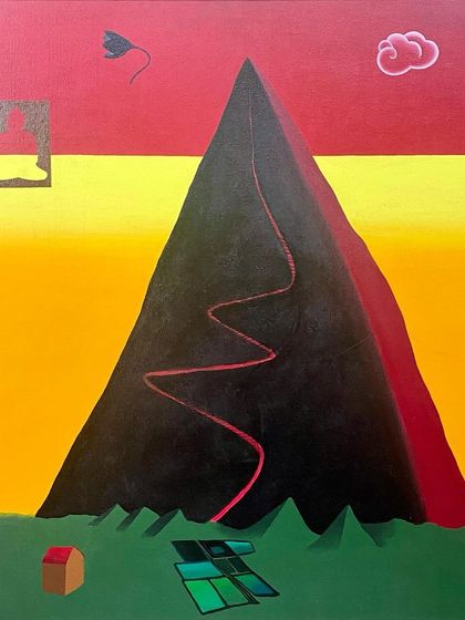 This pop art style painting by Babu Eshwar Prasad was featured in our online auction. The bold colours and surreal elements, like the floating cloud and window, are characteristic of his contemporary work.