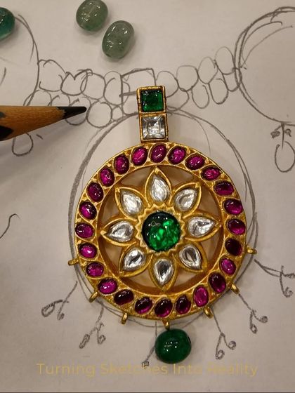 Turning sketches into reality. A finished polki and gemstone pendant is placed over its original hand-drawn design.
