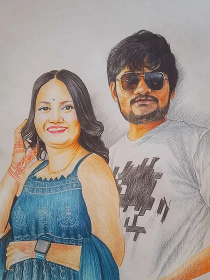 An A3 size couple portrait made with color pencils. This medium allows me to capture details like the reflection on sunglasses and the bright colors of their clothes.