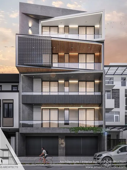 A proposed elevation for a residence in Dwarka, featuring stacked, shifting volumes. We used a combination of textured grey panels, wood-look slats, and glass railings to create a dynamic and modern street presence.