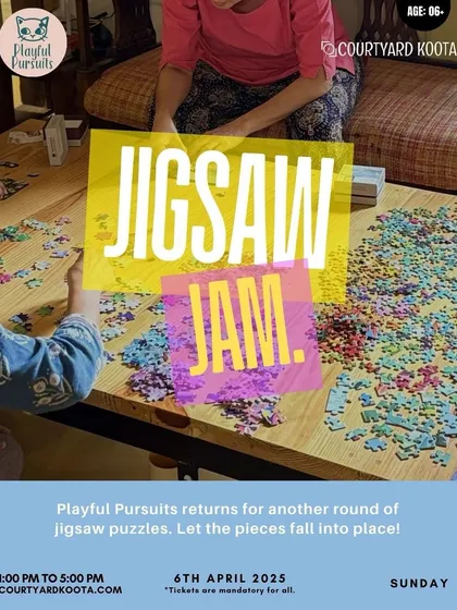 A vibrant poster for a Jigsaw Jam, showing hands piecing a puzzle together.