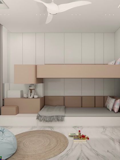 For this kids' room, I designed a custom bunk bed with integrated steps that double as storage. The lower bunk is a cozy, den-like space perfect for reading or play. The neutral color palette ensures the design can adapt as the children grow.
