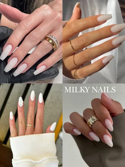 Milky nails are a popular choice for their clean, sophisticated, and modern aesthetic. This soft, semi-opaque white looks beautiful on all skin tones and complements any wedding dress style.
