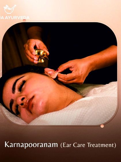 Karnapooranam is an ear care treatment where warm, medicated oil is gently poured into the ears. This therapy soothes the ear canal, helps with tinnitus, and calms the Vata dosha.