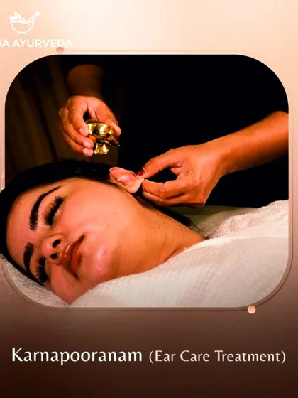 Karnapooranam is an ear care treatment where warm, medicated oil is gently poured into the ears. This therapy soothes the ear canal, helps with tinnitus, and calms the Vata dosha.