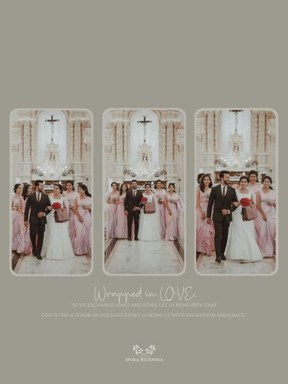 A triptych of the couple and their bridesmaids walking down the church aisle, a moment "wrapped in love."