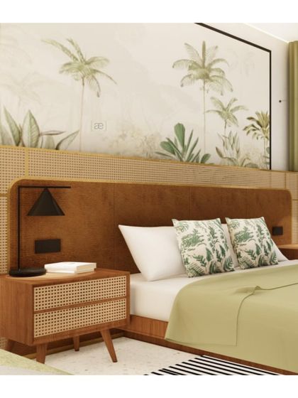 A final render of the bedroom, showing how all the elements from the mood board come together to create a cohesive and serene tropical-inspired oasis.