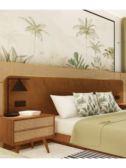A final render of the bedroom, showing how all the elements from the mood board come together to create a cohesive and serene tropical-inspired oasis.
