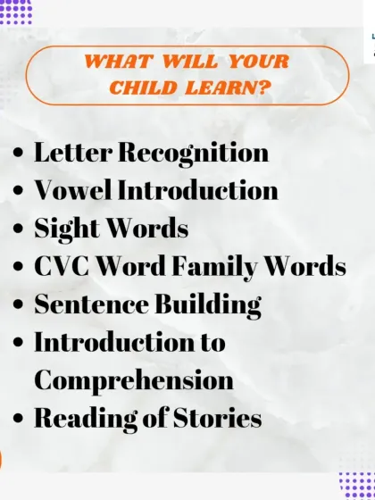 My phonics program for early learners covers all the essential building blocks of reading. Your child will learn everything from letter recognition and sight words to sentence building and an introduction to reading comprehension through stories.