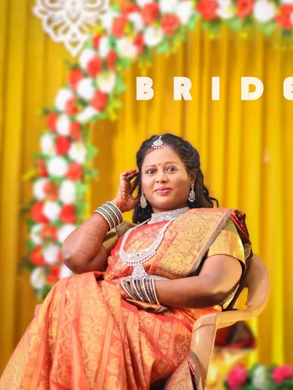 A stylish bridal portrait with a modern text overlay. The bride is captured in a candid moment, adjusting her hair, which adds a natural and relaxed feel to the photograph.