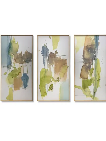 A mesmerizing trio of abstract watercolor prints by artist Jennifer Goldberger. The "Dusty Splash" series is framed here in our thin Osaka metal frames, letting the vibrant, swirling patterns take center stage.