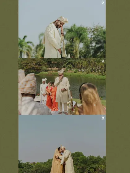 A collage of emotional moments from an outdoor wedding ceremony. The groom's tearful expression and the couple's heartfelt embrace tell a powerful story of love.