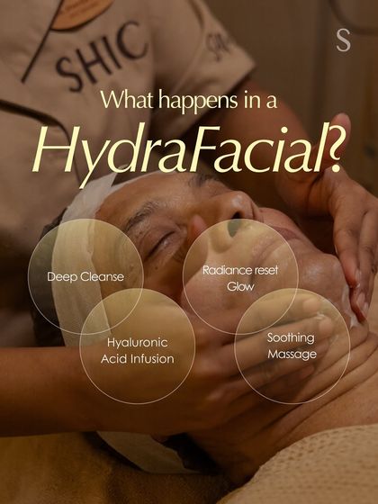 What happens during a HydraFacial? This visual breaks it down: a deep cleanse, Hyaluronic Acid infusion, a soothing massage, and a radiance reset for an immediate glow.