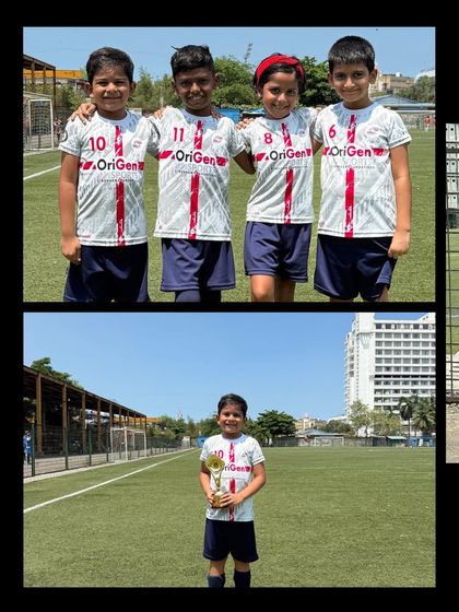 A proud team photo of our U7 players and their 'Player of the Match' trophy. These moments build confidence and a love for competition.