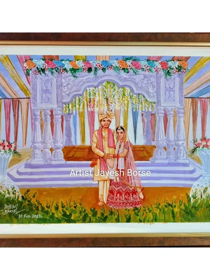 The completed live wedding painting, framed and ready for the couple. I paint the scene during the ceremony itself, capturing the couple against the backdrop of their mandap, creating a timeless piece of art from their special day.