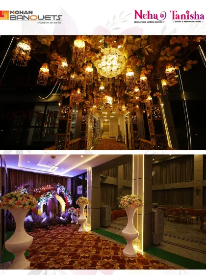 This collage highlights the detailed decor at Mohan Banquets, from the chandelier-lit entrance tunnel to the elegant floral arrangements and stage setup, showcasing a complete and cohesive design.