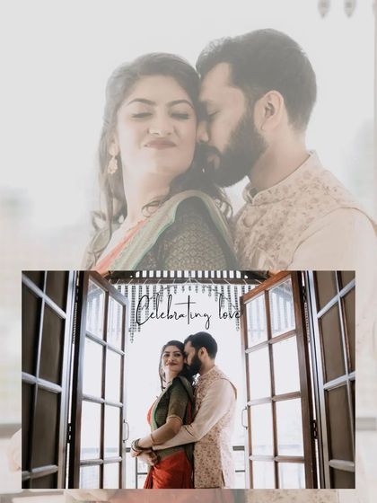 Celebrating love. This artistic collage captures a tender moment between the couple, framed by a window, creating a soft and romantic memory.