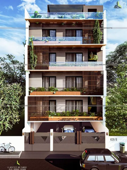 An elevation concept where the client's preference for a more traditional look with vertical green elements was incorporated. We always work to balance our design sensibilities with the client's vision.