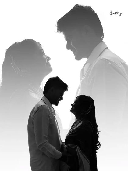A creative double exposure silhouette, blending two different couple poses. This artistic technique adds a narrative quality to the portrait, showing different facets of their relationship.