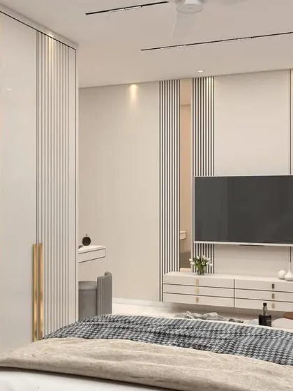 This render shows the TV and wardrobe wall of the monochromatic bedroom. The clean lines and combination of textures create a sophisticated and uncluttered space.