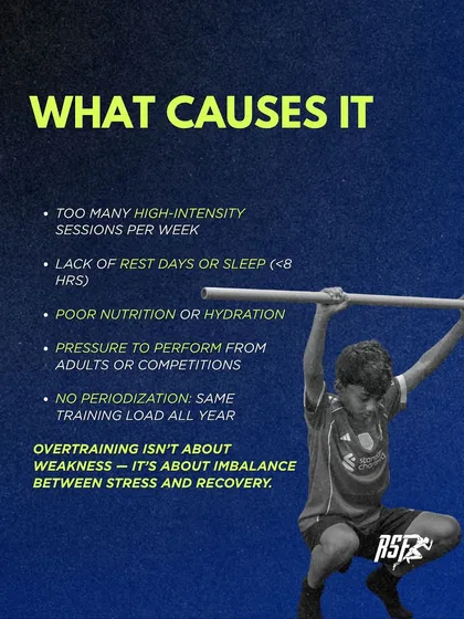What causes overtraining in young athletes? Too many high-intensity sessions, lack of sleep, poor nutrition, and no periodization. It's an imbalance between stress and recovery.