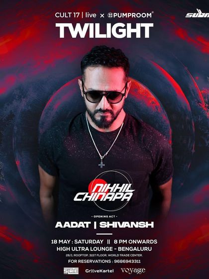 A poster for "Twilight" with Nikhil Chinapa. The fiery, intense design promises a high-energy, peak-time performance from the legendary DJ.