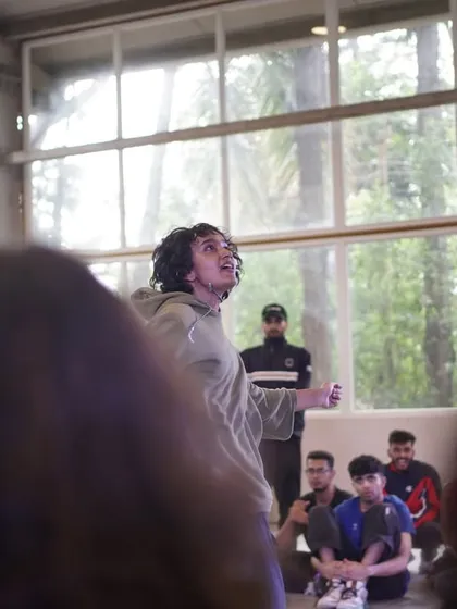 The 1v1 Hip-Hop battle was packed with distinct movers. Here's a shot of the intense energy on the floor.