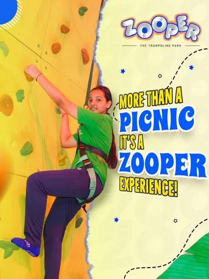 More than a picnic, it's a Zooper experience. A young guest scales our colorful climbing wall, fully harnessed for safety.