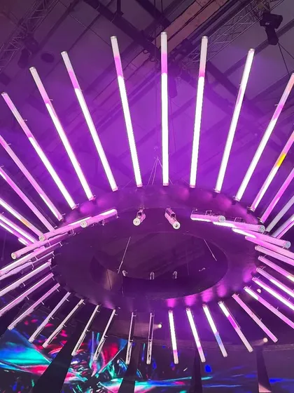A close-up of the custom chandelier made from Astera Tubes for the Sunsilk ad. This fixture provided dynamic, color-changing light that became a central element of the set design.