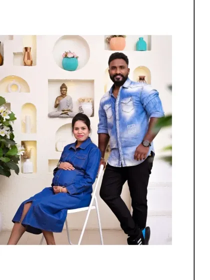 A comfortable and happy couple's portrait in a modern setting. The casual denim outfits and the clean, minimalist backdrop with curated decor create a stylish and contemporary feel.