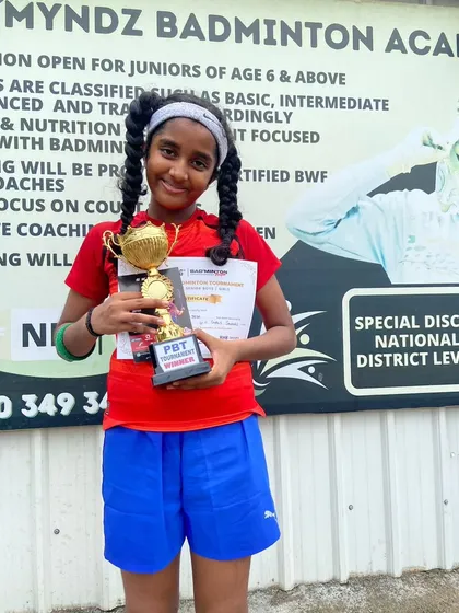 Rhea, another of our promising students from Fame Academy, celebrating her U-11 singles tournament victory.