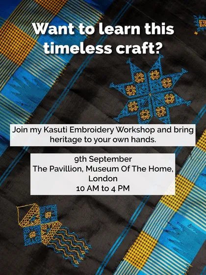 An invitation to my Kasuti embroidery workshop in London. It's a chance to learn a timeless craft and bring a piece of Indian heritage into your own hands.