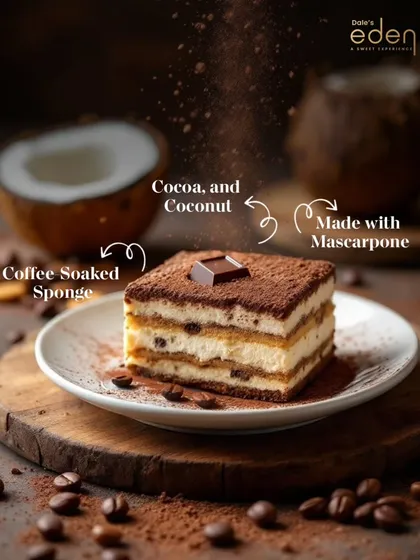 A closer look at the components of our authentic Tiramisu: coffee-soaked sponge, creamy mascarpone, and a touch of cocoa and coconut.
