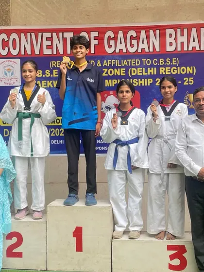 Congratulations to Anushka Sharma, seen here on the podium after winning a bronze medal at the CBSE Central Zone Taekwondo Championship. Every medal represents a story of hard work.