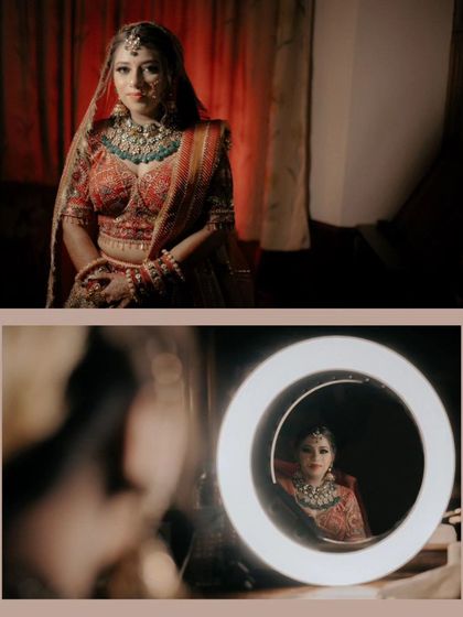 A diptych of the bride, Srishti, showing her getting-ready moments, including a creative reflection shot in a ring light.