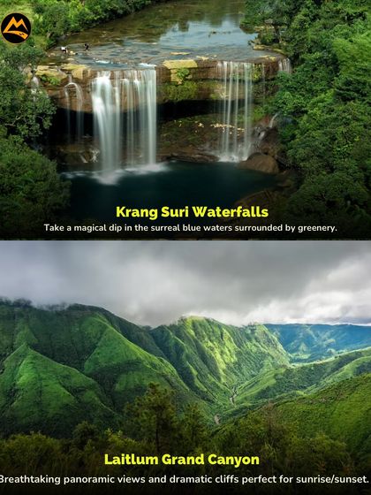 Highlights of Meghalaya: the surreal blue waters of Krang Suri Waterfalls and the breathtaking panoramic views from Laitlum Grand Canyon.