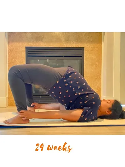A simple Bridge Pose at 29 weeks helps to strengthen the glutes and support the lower back.