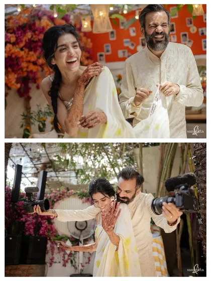 A collage showing the fun and goofy side of Nikki and Vishal's celebration. The bottom photo, where they film themselves, is a fun nod to their shared passion as filmmakers.