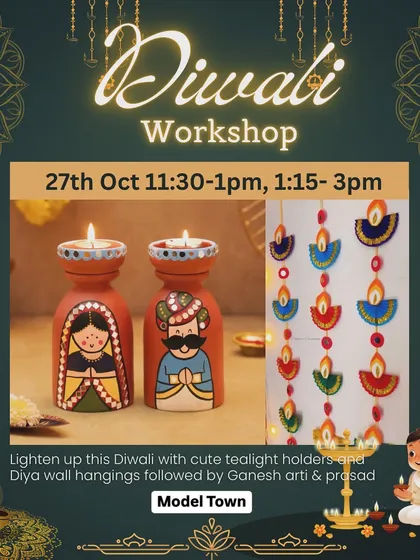 Our promotional poster for the Diwali workshop in Model Town, showcasing the crafts kids can make.