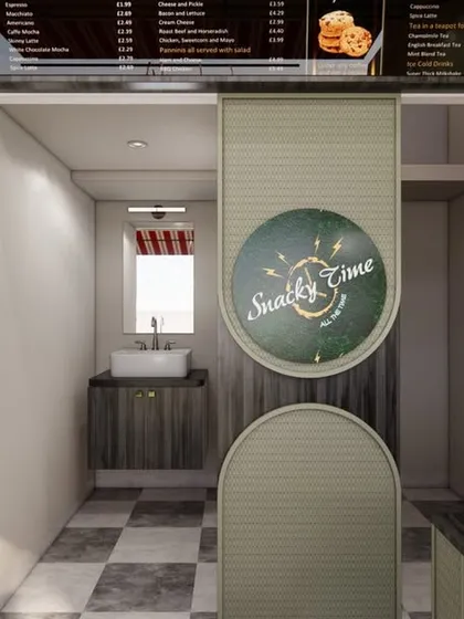 This is a 3D concept for a retro-themed cafe, designed to create a warm and nostalgic experience. The design features classic white subway tiles, patterned accents, and custom signage to build a strong brand identity and welcoming ambiance for customers.