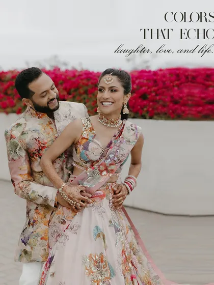 For their jungle-themed Sangeet, we styled Lorraine and Akash in coordinated floral Varun Bahl outfits. The colors and prints echoed their vibrant personalities and the lush, wild theme of the night.