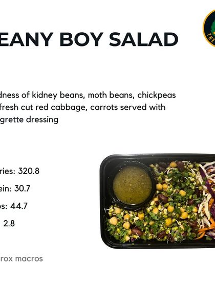 Here's the nutritional breakdown for the Beany Boy Salad. With 30.7g of protein and only 320 calories, it's a powerhouse of nutrition that will keep you full and satisfied.