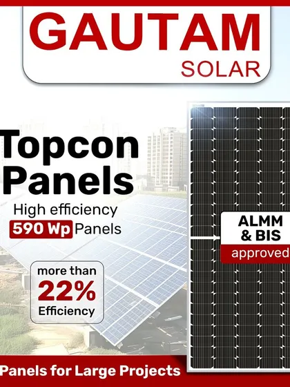 Our 590 Wp TOPCon panels deliver more than 22% efficiency, making them ideal for large projects. These ALMM & BIS approved modules provide high-efficiency power generation that developers and EPCs can rely on.