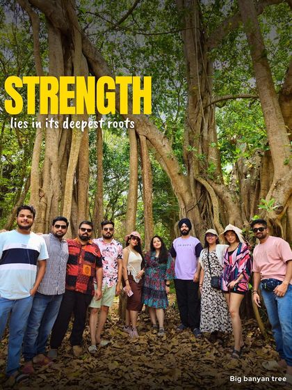 Strength lies in its deepest roots. Our group posing under a massive banyan tree in Pondicherry, a symbol of the deep connections and strong bonds we form on our trips.