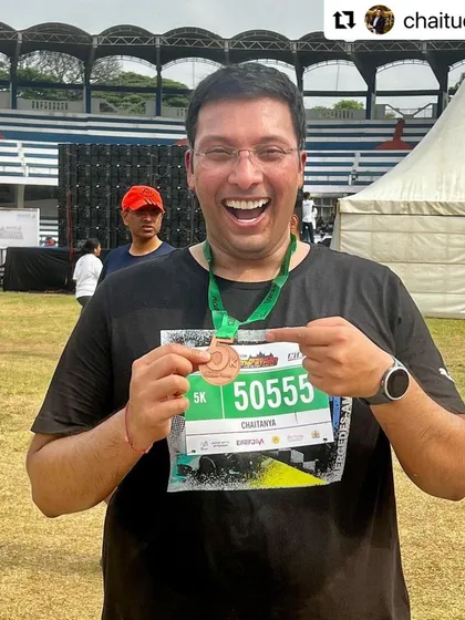 Every milestone matters. Here’s my client Chaitu, beaming after completing his first ever 5k run. I coach athletes at every level, and celebrating these firsts is a huge part of the process.