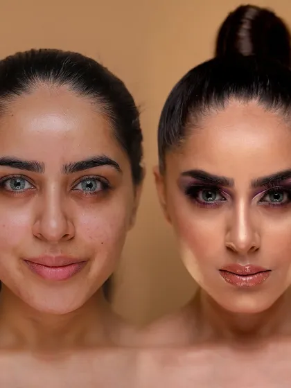 A full-face transformation focusing on dramatic eyes. This image is a testament to our students' ability to completely alter and enhance a look using advanced makeup application skills taught in our pro courses.